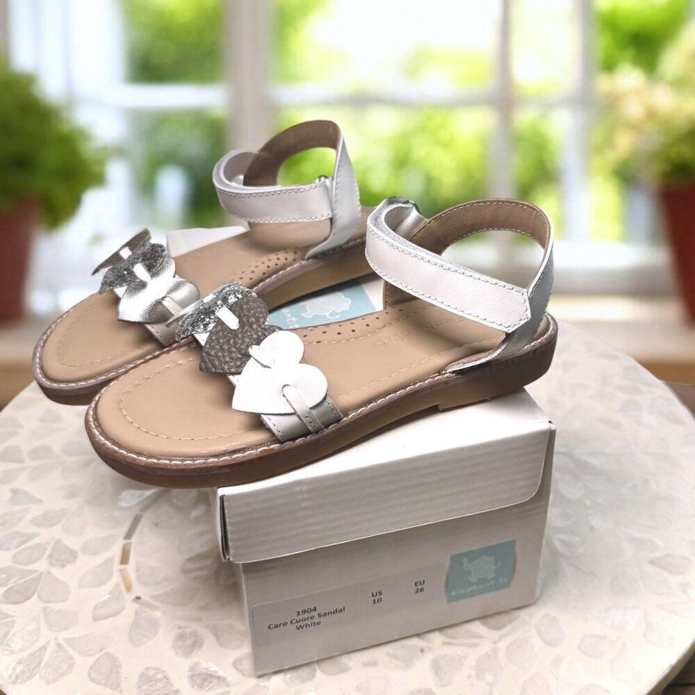 Elephantito Caro Cuore Leather Sandal Girls White Silver Hearts Size 10 EU 26